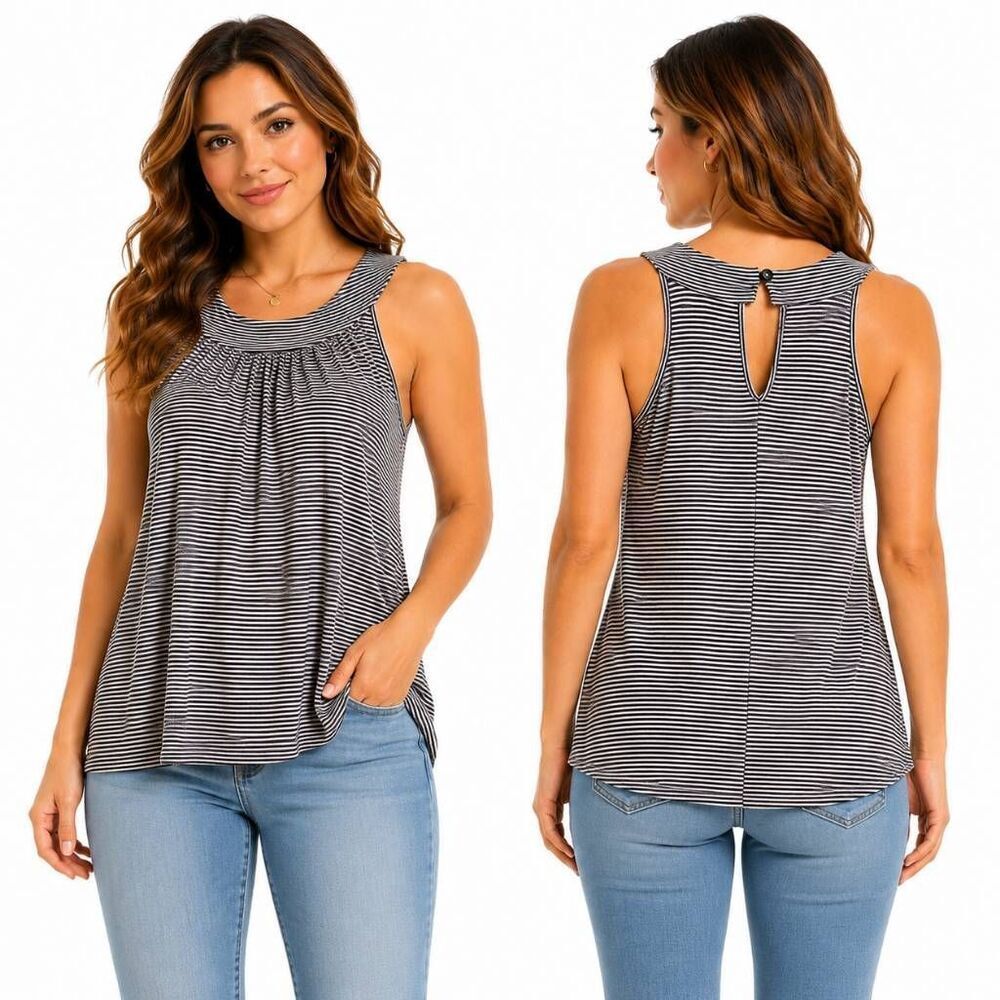 Maurices Black White Striped High Neck Sleeveless Tunic Top Size M Smocked Stret